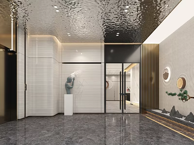 Modern Front Desk Reception Area With Marble Floor Metal Ceiling And Decorative Green Plants 3d model