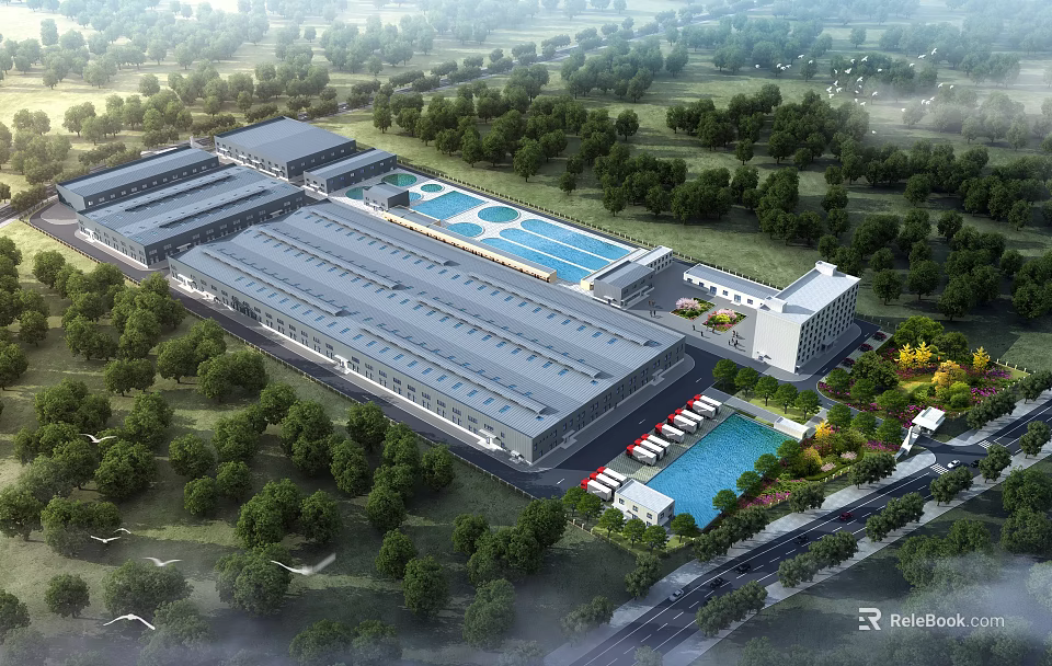 Spacious Modern Industrial Factory Building With Surrounding Green Trees And Parking Area 3d model 