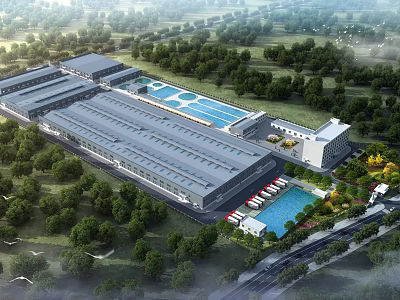 Spacious Modern Industrial Factory Building With Surrounding Green Trees And Parking Area 3d model