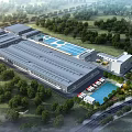Spacious Modern Industrial Factory Building With Surrounding Green Trees And Parking Area