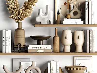 Modern Minimalist Decorative Ornament Set With Dried Pampas Grass Sculptural Figurines And Ceramic Vases 3d model