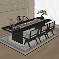 Chinese Style Tea Table And Chairs With Dark Wood Top Tea Set And Bonsai Plant