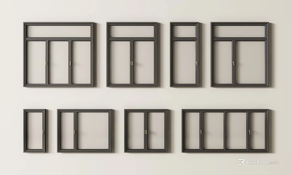 Modern Casement Windows With Black Frames Various Sizes For Home Renovation 3d model