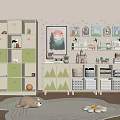 Kids Room Setup With Green White Storage Cabinets Wall Art And Stuffed Animal On Rug