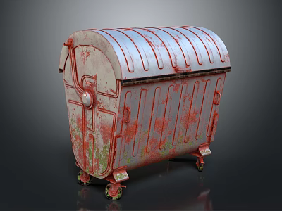 Rusty Metal Trash Bin with Wheels and Curved Lid Weathered Red and Green Rusty Surface 3d model