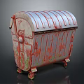 Rusty Metal Trash Bin with Wheels and Curved Lid Weathered Red and Green Rusty Surface