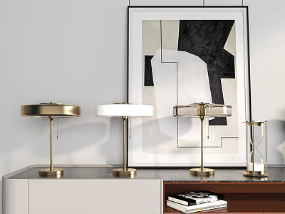 Elegant Table Lamps With Gold Base And White Shade On Modern Display Cabinet Abstract Background 3d model