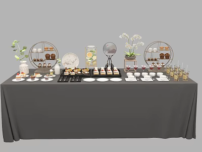 Stylish Coffee Break Area With Gray Tablecloth Desserts Cups And Decorative Flowers 3d model