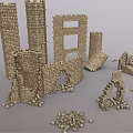 Medieval Stone Castle Ruin Components With Tower Arches And Wall Fragments