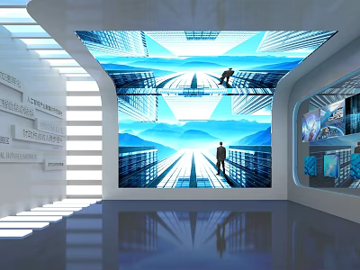 Modern Exhibition Hall With Giant Digital Screen And Tech Inspired Interior Design Elements 3d model