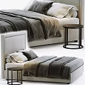Modern Double Bed With Upholstered Headboard Gray Brown Blankets Pillows And Round Side Table 3d model