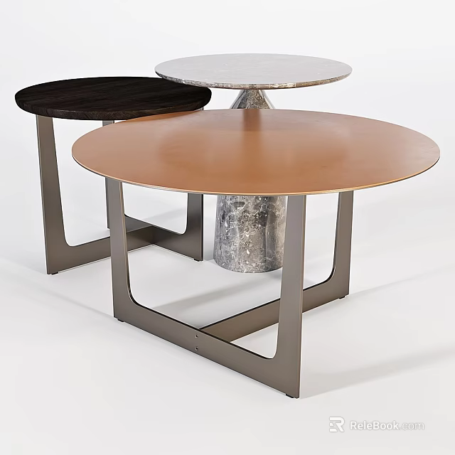 Modern Round Tables With Marble Wooden Copper Tops And Metal Frames 3d model 