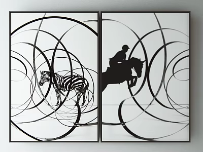 Two Panel Wall Art With Zebra Silhouette And Horse Rider In Black Curved Lines 3d model