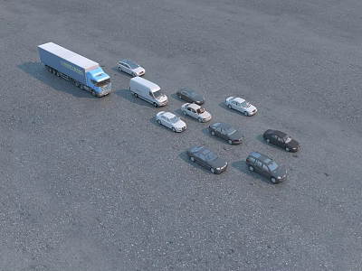 Large Blue Truck With Multiple Various Model Cars Parked On Gravel Ground 3d model
