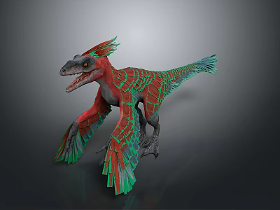Colorful Feathered Dinosaur with Red and Green Feathers Open Mouth Spread Wings Mythical Creature 3d model