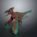 Colorful Feathered Dinosaur with Red and Green Feathers Open Mouth Spread Wings Mythical Creature