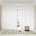 White Sheer Curtains In Modern Room With Window Checkered Rug And Potted Plant Stool