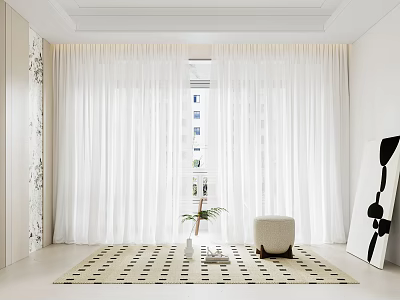 White Sheer Curtains In Modern Room With Window Checkered Rug And Potted Plant Stool 3d model