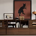 Wooden Decorative Cabinet with Storage Compartments Cat Art Painting Books and Table Lamp