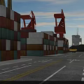 Flat Door On Container Ship At Busy Port With Cranes And Bridge Structure 3d model