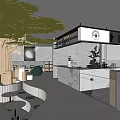 Modern Café Interior with Spiral Column Open Space Staircase and Wooden Display Shelves