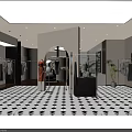 Modern Clothing Store Interior with Open Layout Black and White Checkered Floor Wooden Racks and Mannequins