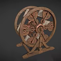 Wooden Wheel Shaped Bookcase With Gear Mechanism Holding Books On Rotating Frame And Stand Base