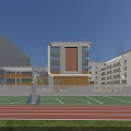 Modern School Building With Yellow White Exterior Walls Balconies Trees And Front Entrance