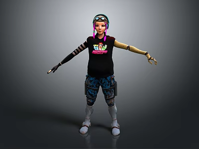 Game Movie Character Featuring Colorful Hair Helmet Mechanical Arm Black Graphic T-Shirt And Cargo Pants 3d model