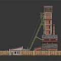 Red Brick Industrial Building Complex With Tall Tower Connected Roofs And Wooden Fence