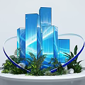 Photo Spot With Blue Tall Buildings Blue Curved Decorations Green Plants And White Spheres