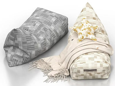 Gray And Beige Woven Lazy Bean Bag Chairs With Gold Star Decor And Throw Blanket 3d model