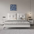 Modern Double Bed With Upholstered Headboard Neutral Bedding Nightstand And Abstract Wall Art