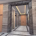 Spacious Modern Service Hall Interior With Wooden Columns Chandelier Red Banner And Green Plants