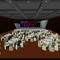 Elegant Banquet Hall Setup With Stage Large Screen Colorful Lights Round Tables And Chairs