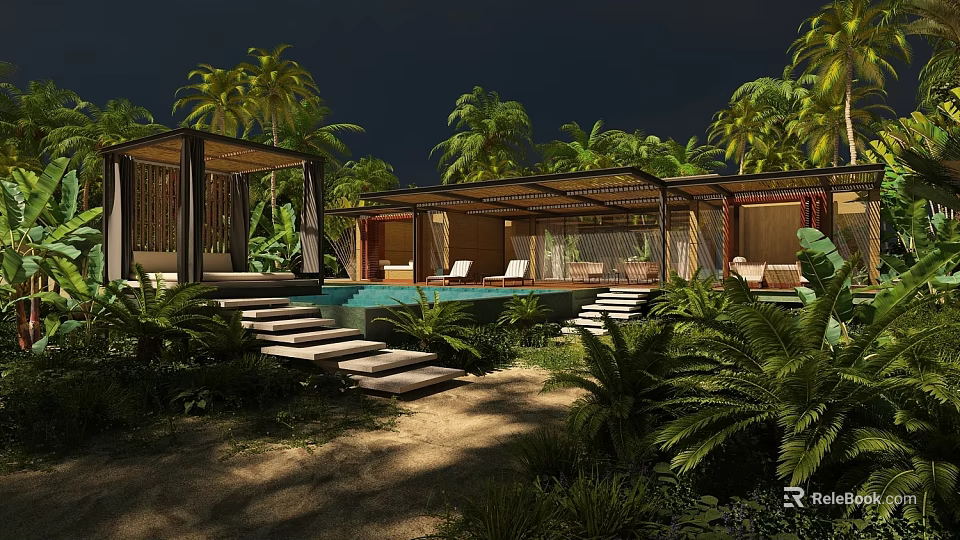 Tropical Garden Landscape Featuring Lush Greenery Outdoor Pool Wooden Pavilion And Stone Steps 3d model 
