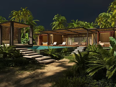 Tropical Garden Landscape Featuring Lush Greenery Outdoor Pool Wooden Pavilion And Stone Steps 3d model
