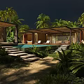 Tropical Garden Landscape Featuring Lush Greenery Outdoor Pool Wooden Pavilion And Stone Steps