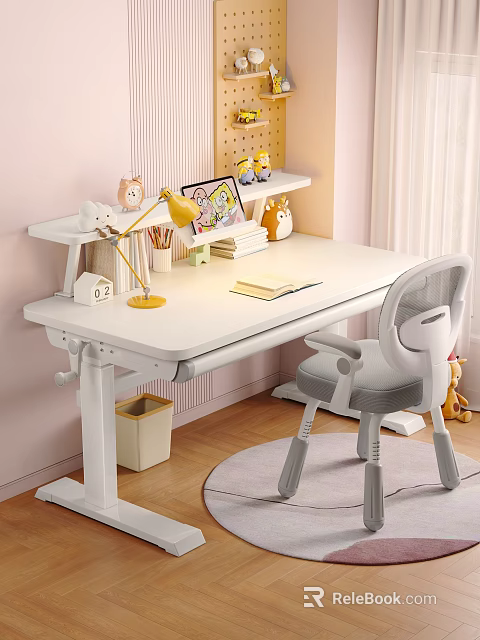 Modern White Desk and Gray Chair Set with Yellow Lamp Books for Kids Study Room 3d model 