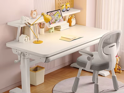 Modern White Desk and Gray Chair Set with Yellow Lamp Books for Kids Study Room 3d model