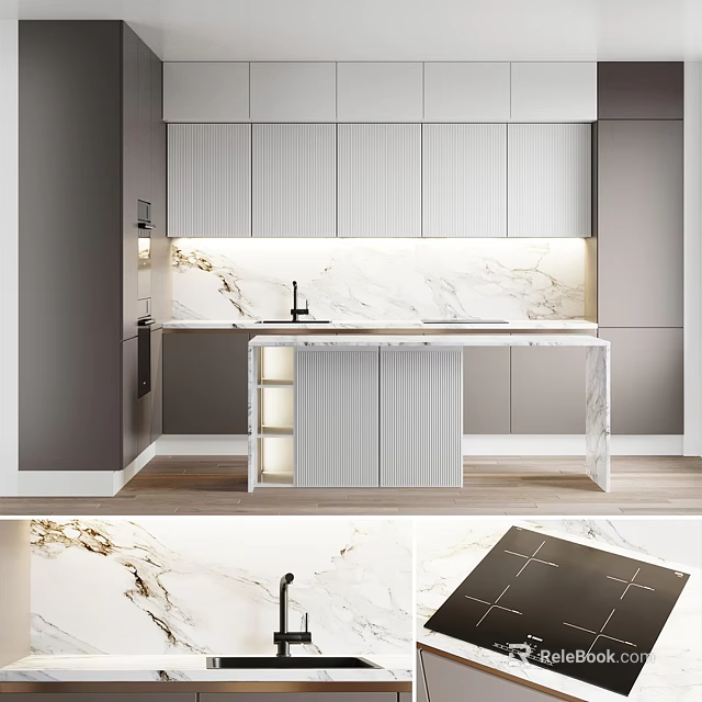 Modern Kitchen Interior With White Cabinets Under Cabinet Lighting And Marble Island 3d model 