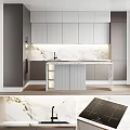 Modern Kitchen Interior With White Cabinets Under Cabinet Lighting And Marble Island