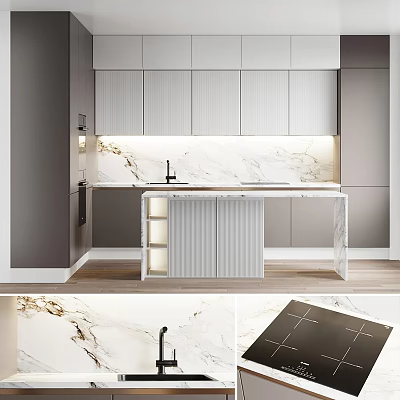 Modern Kitchen Interior With White Cabinets Under Cabinet Lighting And Marble Island 3d model