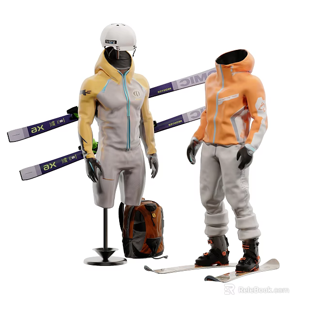 Models Wearing Ski Suits With Ski Poles Skis And Backpack On Display Stand 3d model 