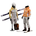 Models Wearing Ski Suits With Ski Poles Skis And Backpack On Display Stand