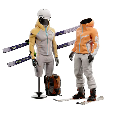 Models Wearing Ski Suits With Ski Poles Skis And Backpack On Display Stand 3d model
