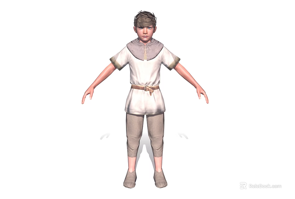 Young Child Wearing Plain Short Sleeved Top And Khaki Pants With Waist Belt 3d model 