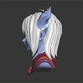 3D White Haired Blue Skinned Elf Character With Pointed Ears Blue Eyes Red Gemstone Collar