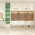 Modern Boutique Store With Green Shelves Gold Frames Circular Mirrors White Walls And Marble Counter