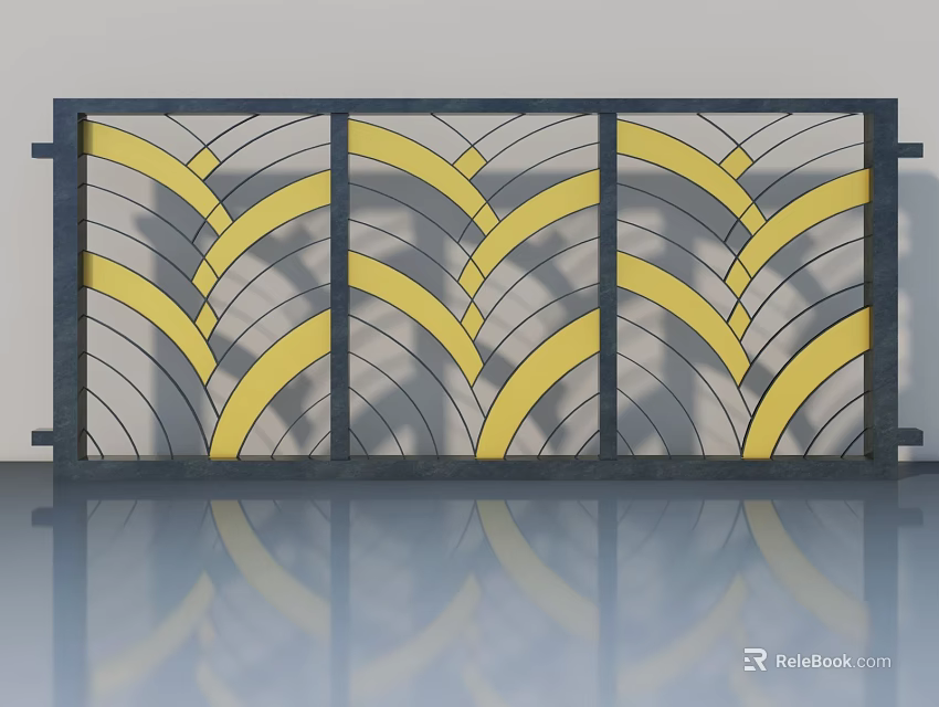 Modern Swing Door with Yellow Gray Geometric Patterns and Metal Frame Design 3d model 